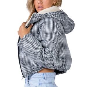 Princess Polly Black Houndstooth Sherpa Hooded Quilted Puffer Jacket Size S/M
